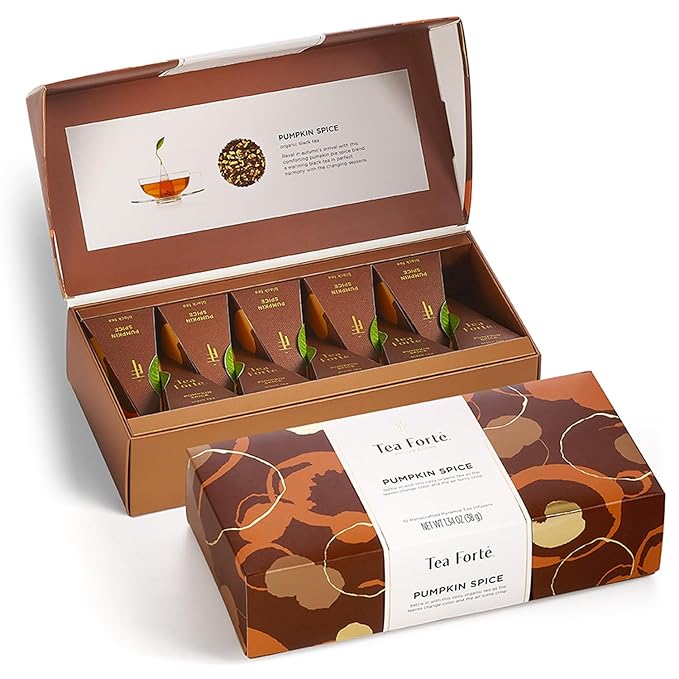 Tea Forte Pumpkin Spice Black Tea Petite Presentation Box Tea Gift Set Sampler, 10 Individually