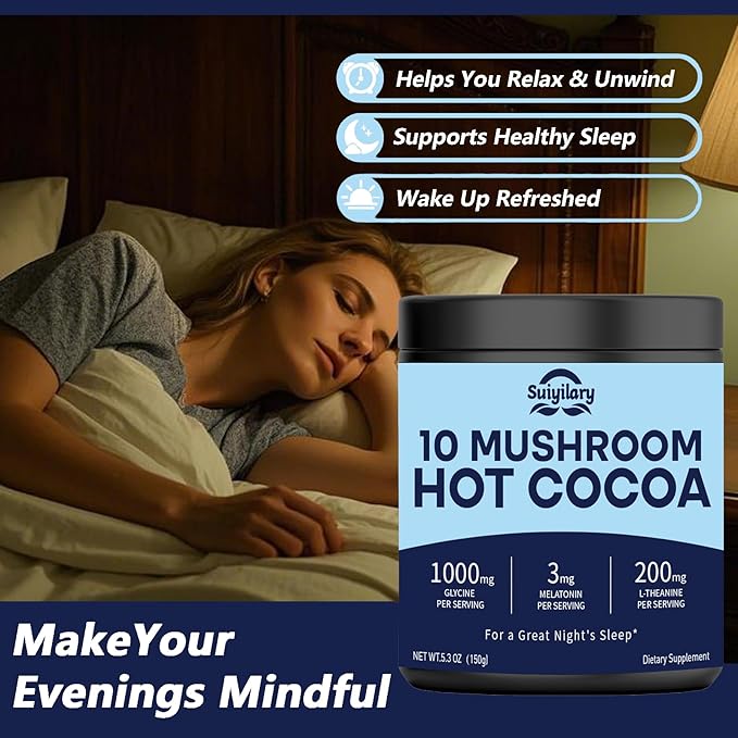 10 Mushroom Hot Cocoa, 3mg Melatonin Sleep Supplement, Sugar Free Keto Cocoa Powder, Nighttime