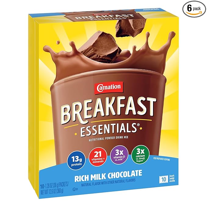 Carnation Breakfast Essentials Powder Drink Mix, Rich Milk Chocolate, 10 Count Box of 1.26 Ounce