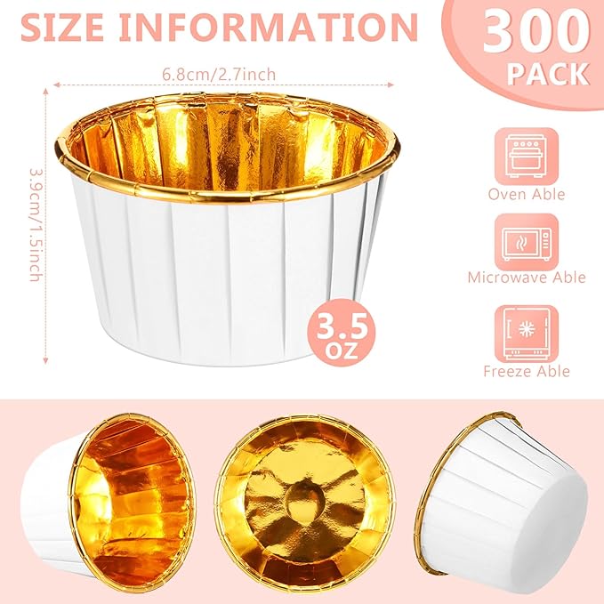 300 Pack White Gold Cupcake Liners Bulk Disposable Foil Muffin Cups 3.5 oz Wrappers for Baking