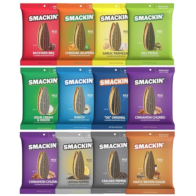 SMACKIN' - Jumbo Roasted Sunflower Seeds, No Salty Burn, American Made, Easy Pour & Seal - Variety