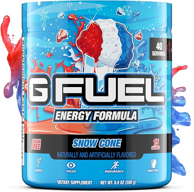 G Fuel Snow Cone Energy Drink Powder, Pre Workout Caffeine Mix for Gaming, Sugar Free Focus Amino
