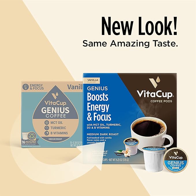 Genius Vanilla Keto Coffee Pods by VitaCup w/MCT Oil, Turmeric, B Vitamins, & D3 for Energy & Focus