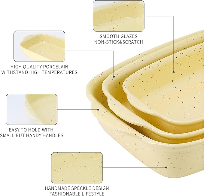 Casserole Dish Set of 3,Ceramic Bakeware for Oven,Rectangular Baking Dishes with Handles,High Heat
