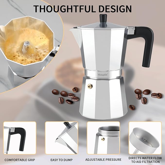 Mongdio Stovetop Espresso Maker Moka Pot, Stove Top Cuban Coffee Maker, Italian Greca Mocha Pot, 9