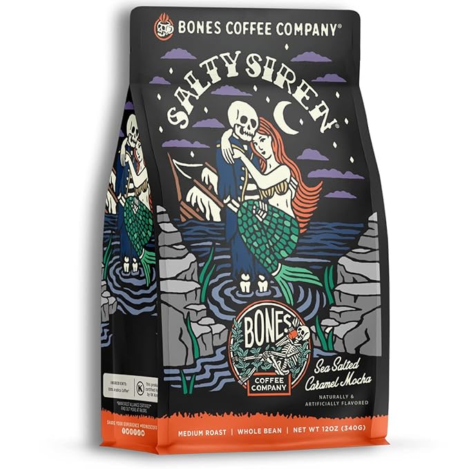 Bones Coffee Company Salty Siren, Sea Saled Caramel Chocolate Flavored Coffee, Medium Roast Low