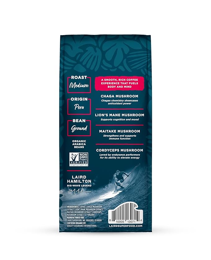 Laird Superfood Peruvian Medium Roast Coffee with Functional Mushrooms, Certified Organic Peruvian