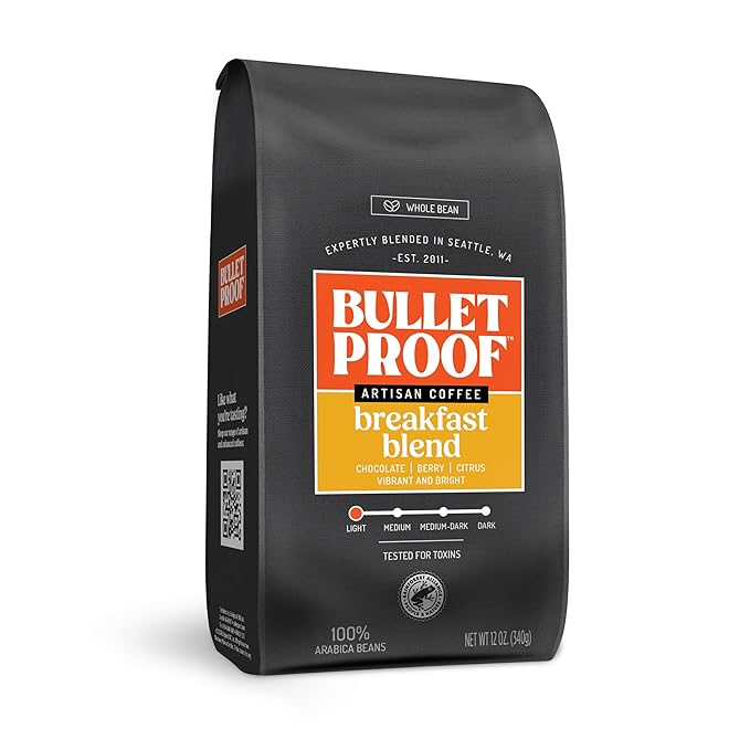 Bulletproof Breakfast Blend Light Roast Whole Bean Coffee, 12 Ounces, 100% Arabica Beans, Clean