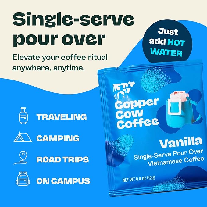 Copper Cow Premium Pour Over Single-Serve Vietnamese Coffee | Vanilla | Dark Roast | Flavored with