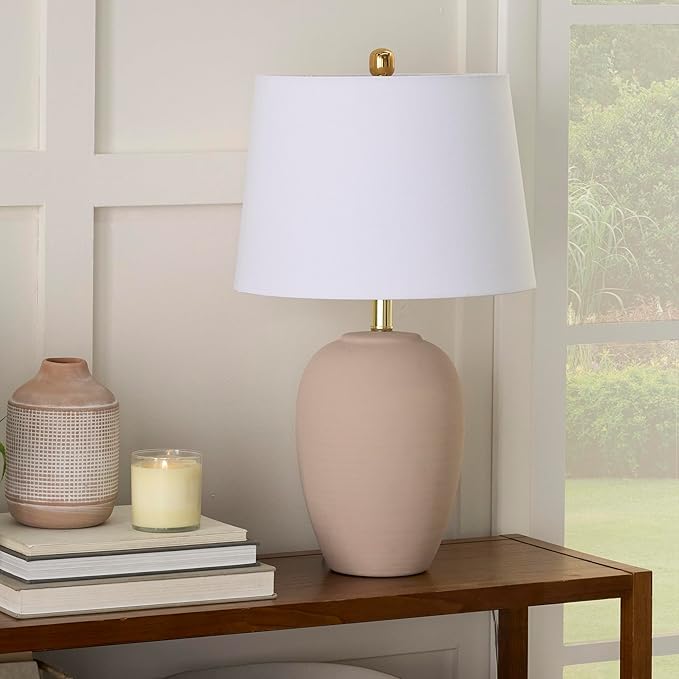 Nourison Home 23" Light Pink Ceramic Jar Table Lamp for Bedroom, Living Room, Dining Office, with