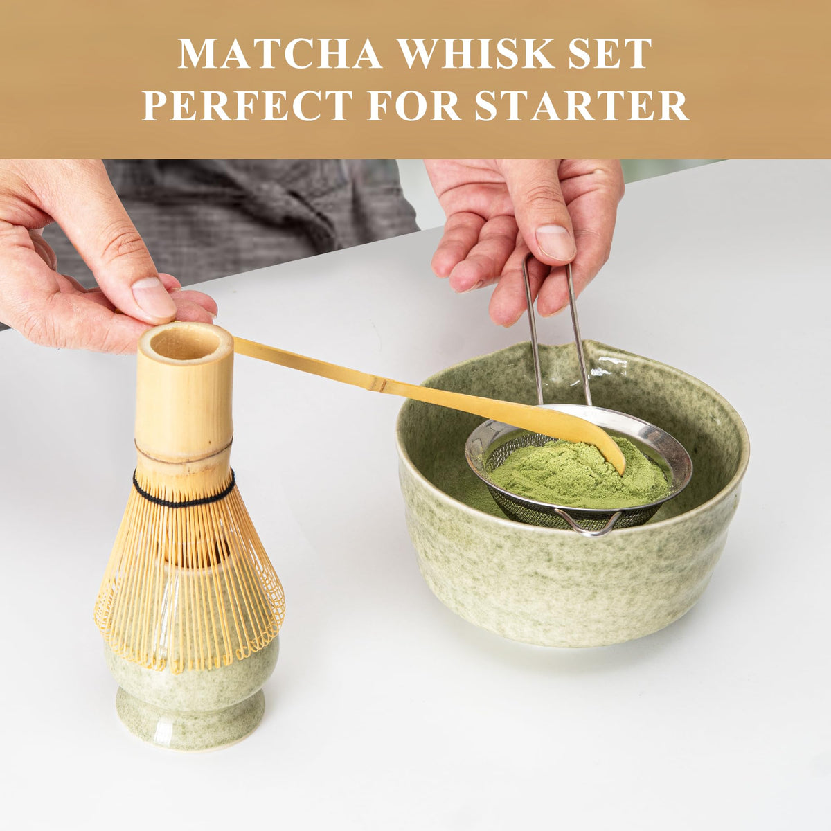 Matcha Whisk Set, Matcha Making Kit Whisk (Chasen Holder), Ceramic Whisk Holder (Mottled Green)