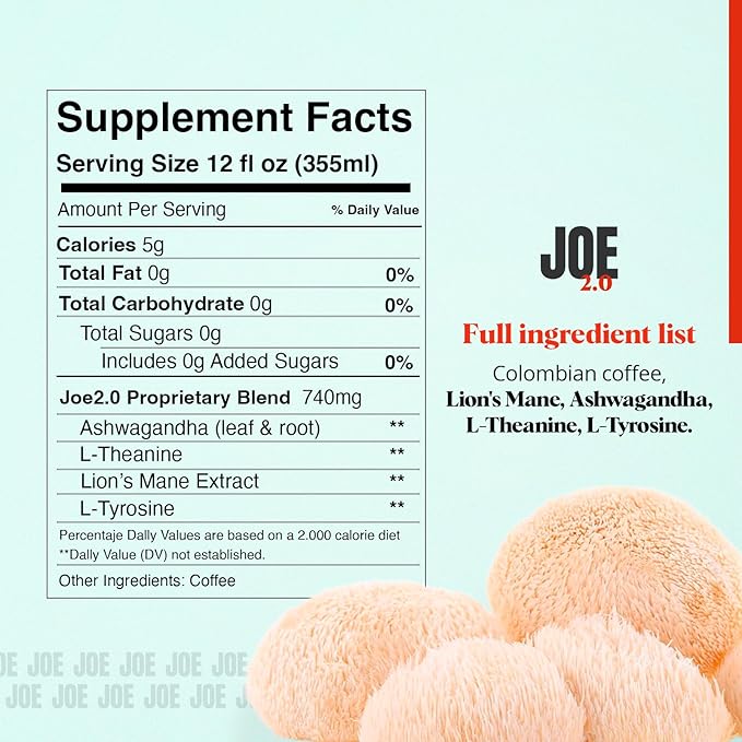 Joe 2.0 - Mushroom Coffee with Lion?™s Mane & Ashwagandha ??Nootropic Ground Coffee for Focus, Calm