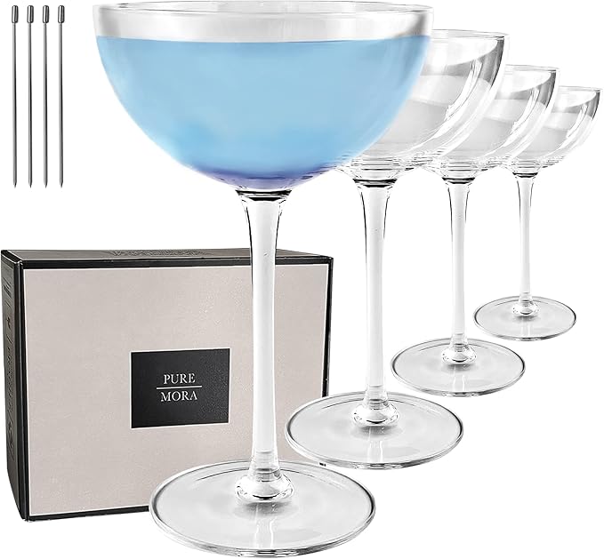 PURE MORA The Lyra Coupe Glass Set of 4, 7oz Handblown Premium Crystal Classic Cocktail Glasses for