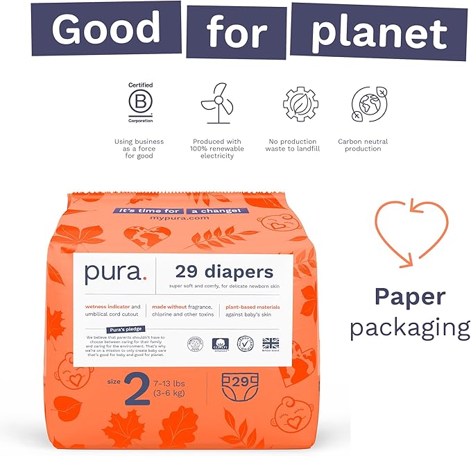 Pura Hypoallergenic Diapers Size 2 (7-13 lbs) Monthly Pack, Totally Chlorine Free, Wetness
