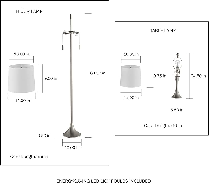 3-Piece Floor and Table Lamp Set - Mid-Century Modern Metal Lamps with Flared Trumpet Base and