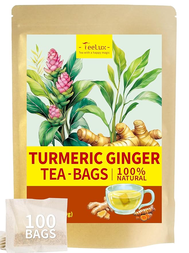 TeeLux Turmeric Ginger Tea Bags, Pure Natural Turmeric Ginger Herbal Tea, Spicy & Smooth Flavor