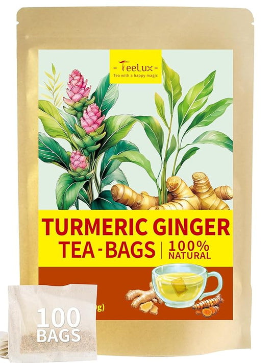 TeeLux Turmeric Ginger Tea Bags, Pure Natural Turmeric Ginger Herbal Tea, Spicy & Smooth Flavor