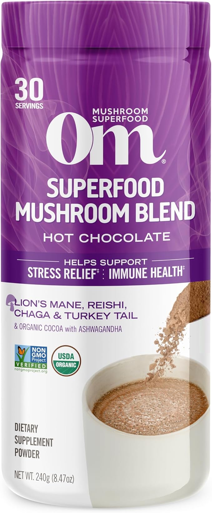 OM MUSHROOM SUPERFOOD Hot Chocolate Blend Mushroom Powder, 8.47 Ounce Canister, 30 Servings, Cocoa