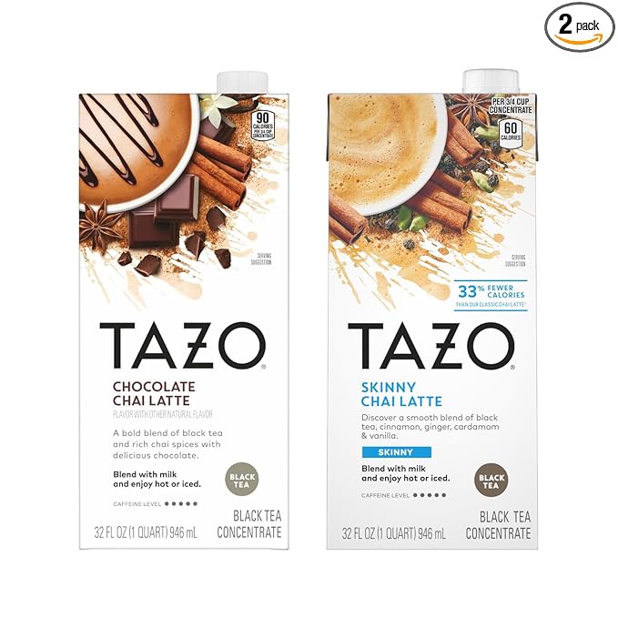 TAZO Tea Concentrate, Organic Skinny Chai Latte, & Chocolate Chai Latte 32 Fl Oz (1ea) (Variety