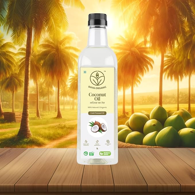 Shiva Organic Cold-Pressed Coconut Oil - 100% Natural, Certified Organic - 1L (33.8 fl oz) for