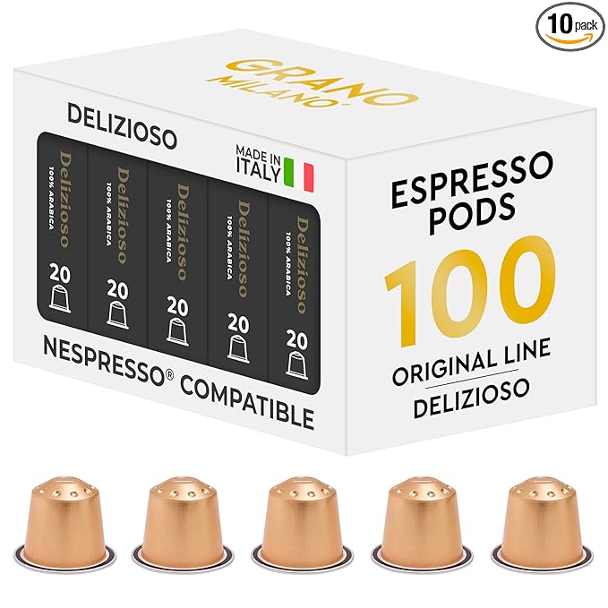 Grano Milano Delizioso Coffee Capsules - 100 Aluminum Coffee Pods Compatible with Nespresso