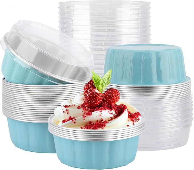 EUSOAR Foil Pans with Lids, 25pcs 9oz Blue Aluminum Cups with Lids, Disposable Ramekins Cheesecake