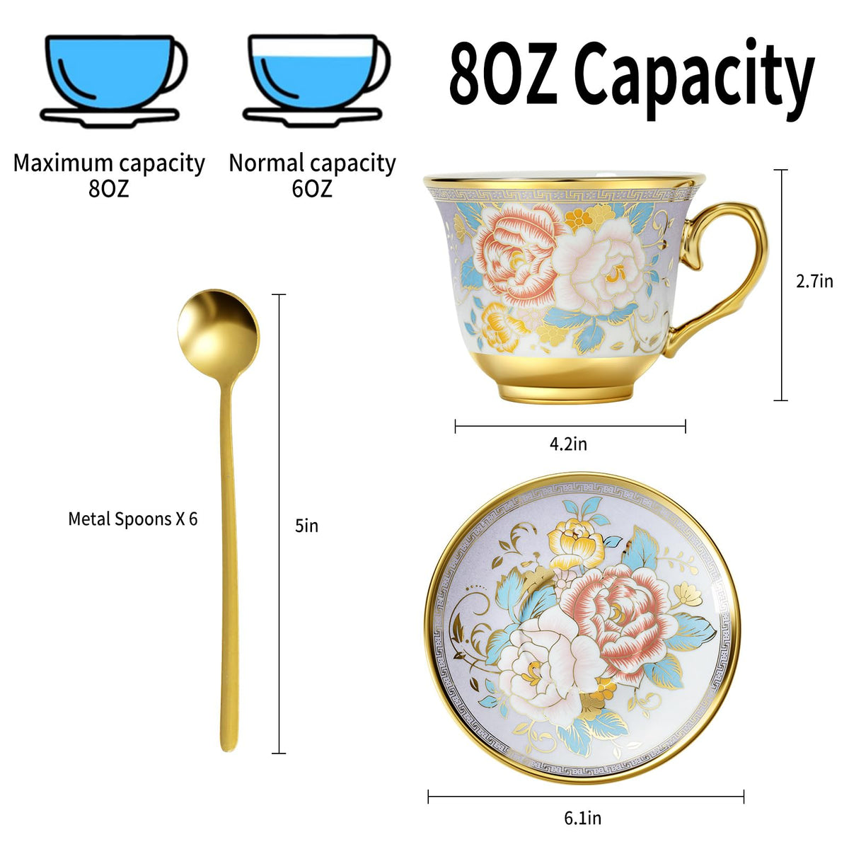 XRBEOU Tea Cups and Saucers, Tea Cup Set of 6, 8 OZ Floral Cups Porcelain Cup Set for Cappuccino