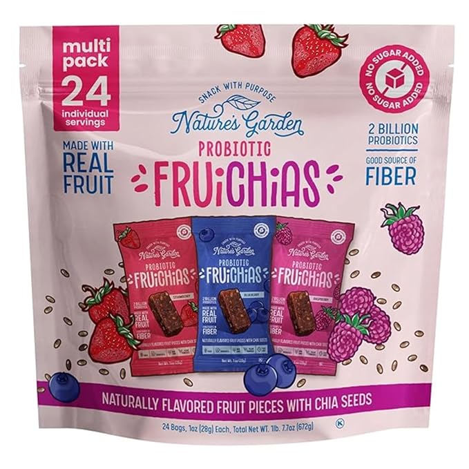 Nature's Garden Probiotic Fruichias Variety Pack - 24 Pack x 1oz, Probiotic Fruit Snack with Chia