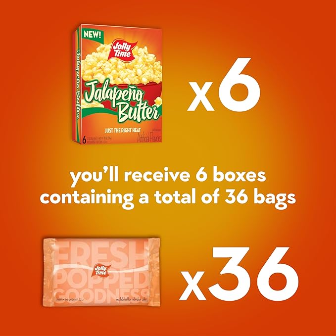 Jolly Time Jalape챰o Butter, Microwave Popcorn with Just the Right Heat, 3oz Sharing Bag, 6 Bags Per