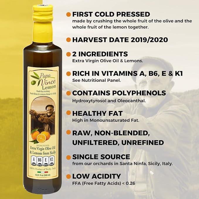 Papa Vince Olive Oil Extra Virgin - First Cold Pressed, Polyphenol Rich Olive Oil (EVOO). Lemon