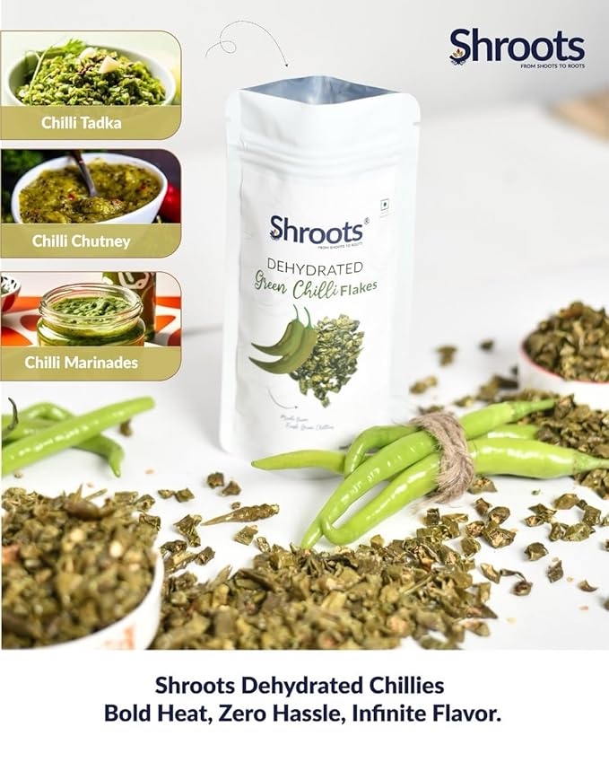 SHROOTS Dehydrated Green Chilli Flakes Pure Vegetarian Gluten-Free No Added Salt Easy Cooking