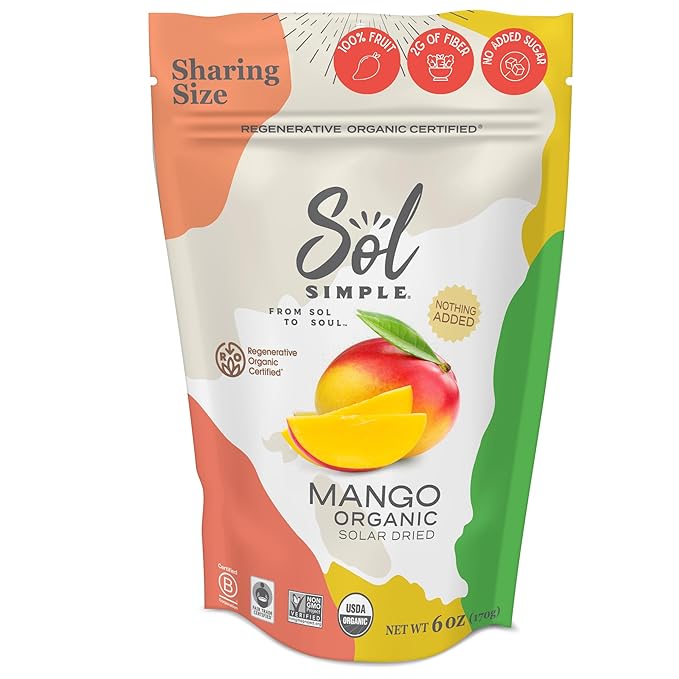 SOLSIMPLE Organic Dried Mango No Sugar Added 6oz Snack Pack (1 Bag) | Dehydrated Fruit | Organic