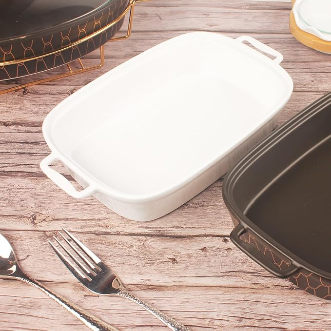 10" x 7" Ceramic Rectangular Casserole Dish with Glass Lid, 1.3 Quart White Serving Soup