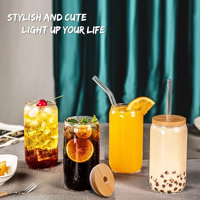 16 Oz Drinking Glasses with Bamboo Lids and Glass Straw - 8 Pcs Glass Cups Beer Ice Coffee Glasses
