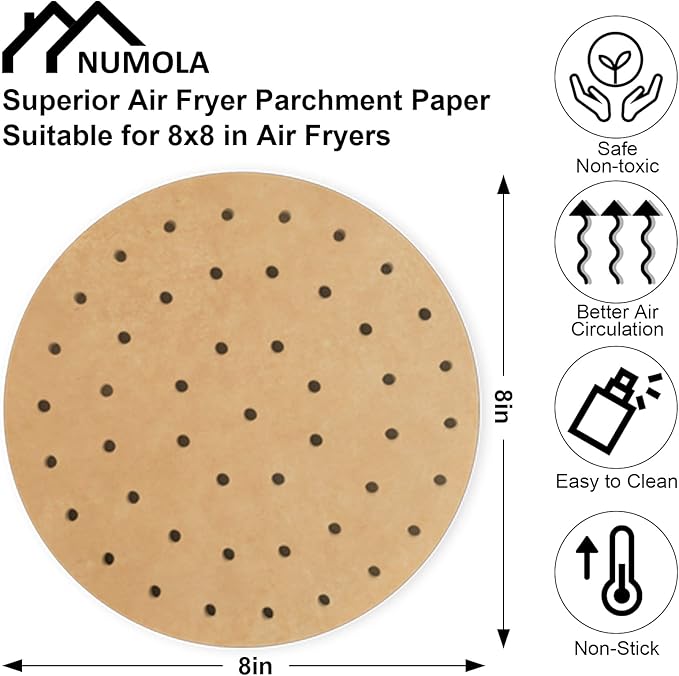 Numola Air Fryer Parchment Paper Liners, 100 Pcs Disposable Papers Liner for 3.4-7QT Baking, 8 Inch