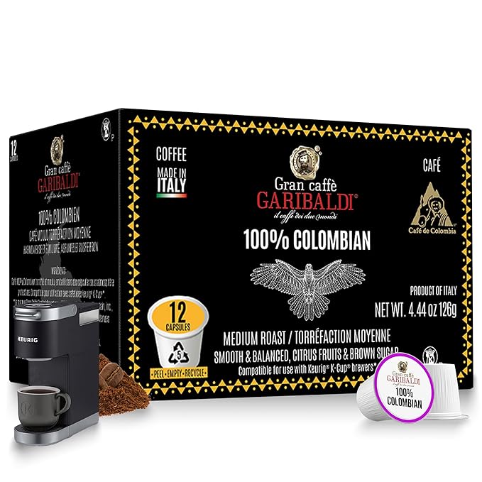 Caffè Garibaldi Colombian Coffee Pods, for Keurig K-Cup Brewers, Single Serve Cups with 100%