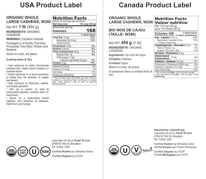 Food to Live Organic Cashews, 1 Pound ??Whole, Size W-240, Unsalted, Non-GMO, Kosher, Raw, Vegan