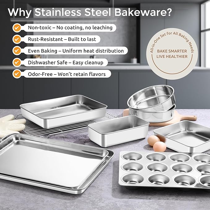 E-far 9-Piece Baking Pan Set, Stainless Steel Bakeware Sets for Sheet Cake Cookie Loaf Muffin