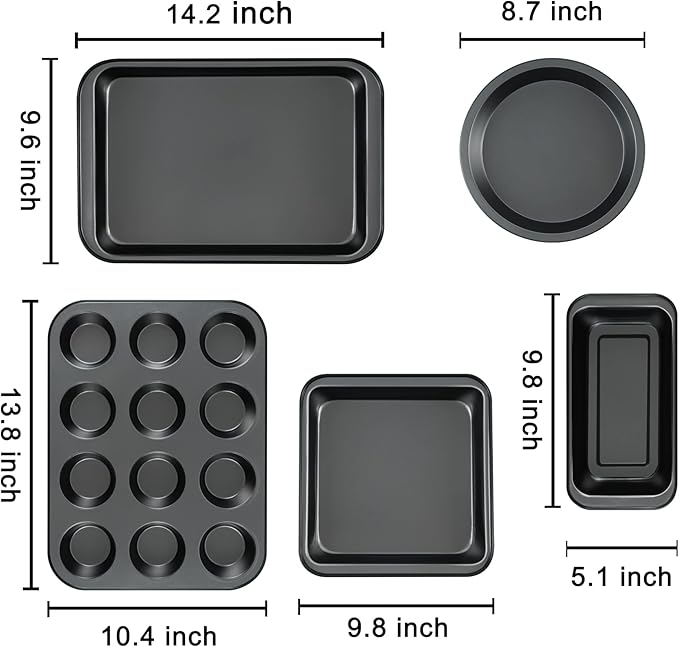 Kitchen 5-Piece Nonstick Bakeware Set - Round/Square Cake Pans, Muffin Pan, Loaf Pan, Roast Pan &