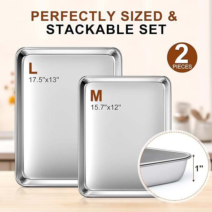 Baking Sheet Set of 2, Commercial Grade Stainless Steel Cookie Sheets for Baking, 17.5''x13'' /