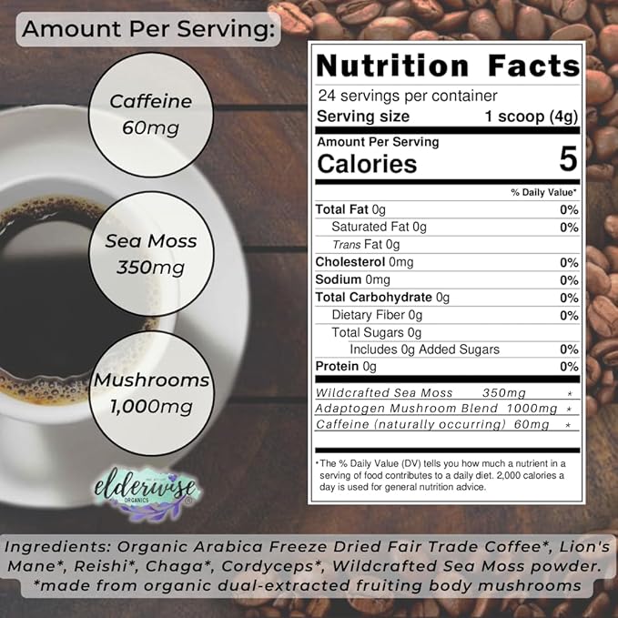 Elderwise Organics Coffee with Mushrooms & Sea Moss - Lion's Mane, Chaga, Reishi & Cordyceps - 24