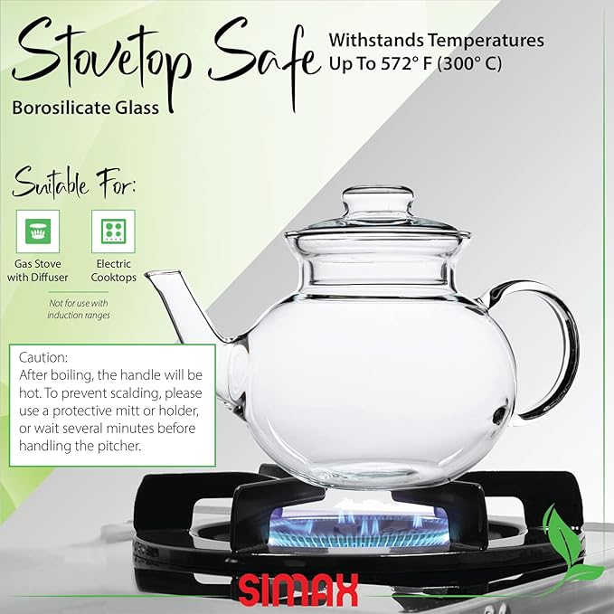 Simax Glassware 33 Ounce Glass Teapot | With Spout, Microwave and Stovetop Safe, Heat, Cold, and
