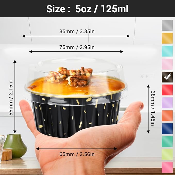EUSOAR Foil Ramekins with Lids, Black 25Packs 5oz Disposable Baking Cups Foil Liner Cupcake