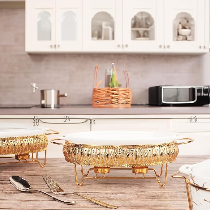 10" x 7" Ceramic Oval Casserole Dish with Glass Lid and Gold rack, 30 Ounce White Serving Soup