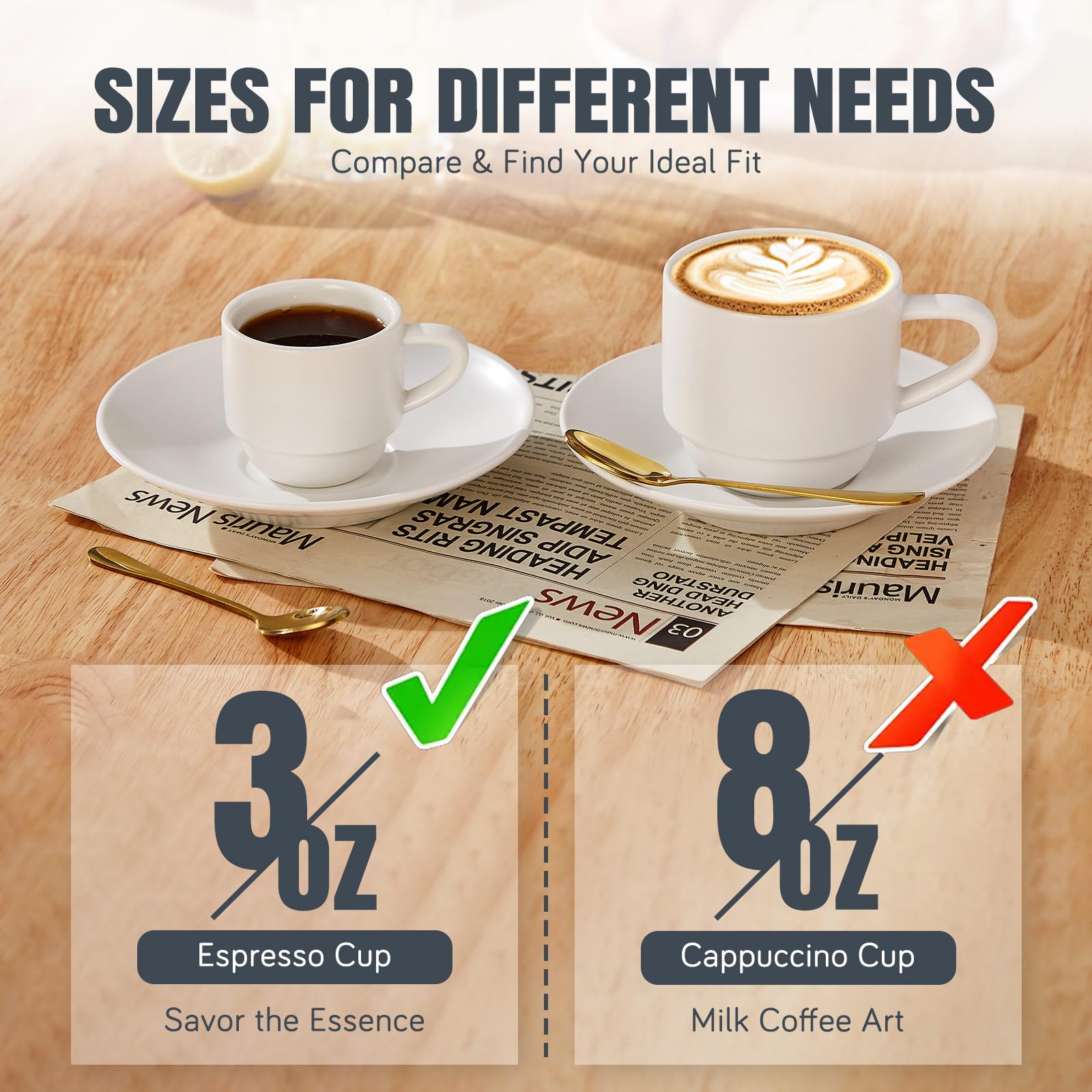 Lareina 3-Ounce Espresso Cups with Saucers, Spoons and Metal Stand, Small Stackable Coffee Cups Set