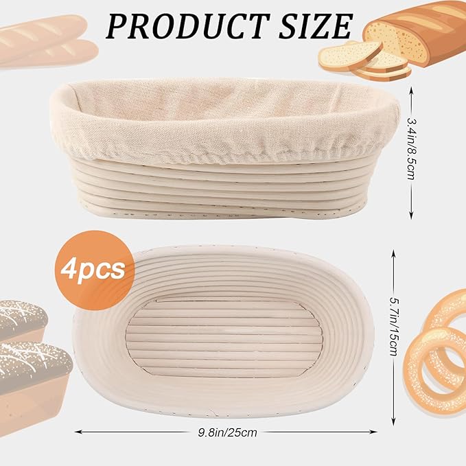 10 inch Oval Banneton Bread Proofing Basket Sourdough Bread Baking Supplies Set of 4 Sourdough