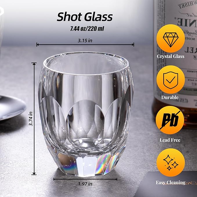 KAMMAK Crystal Whiskey Glasses Set of 2, Luxury 7.44oz Old Fashioned Glasses Stemless, Handcrafted