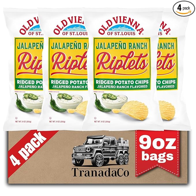 Old Vienna of St. Louis Jalepeno Ranch Flavored Riplets Ridged Potato Chips 9oz Bags (4 Pack) by