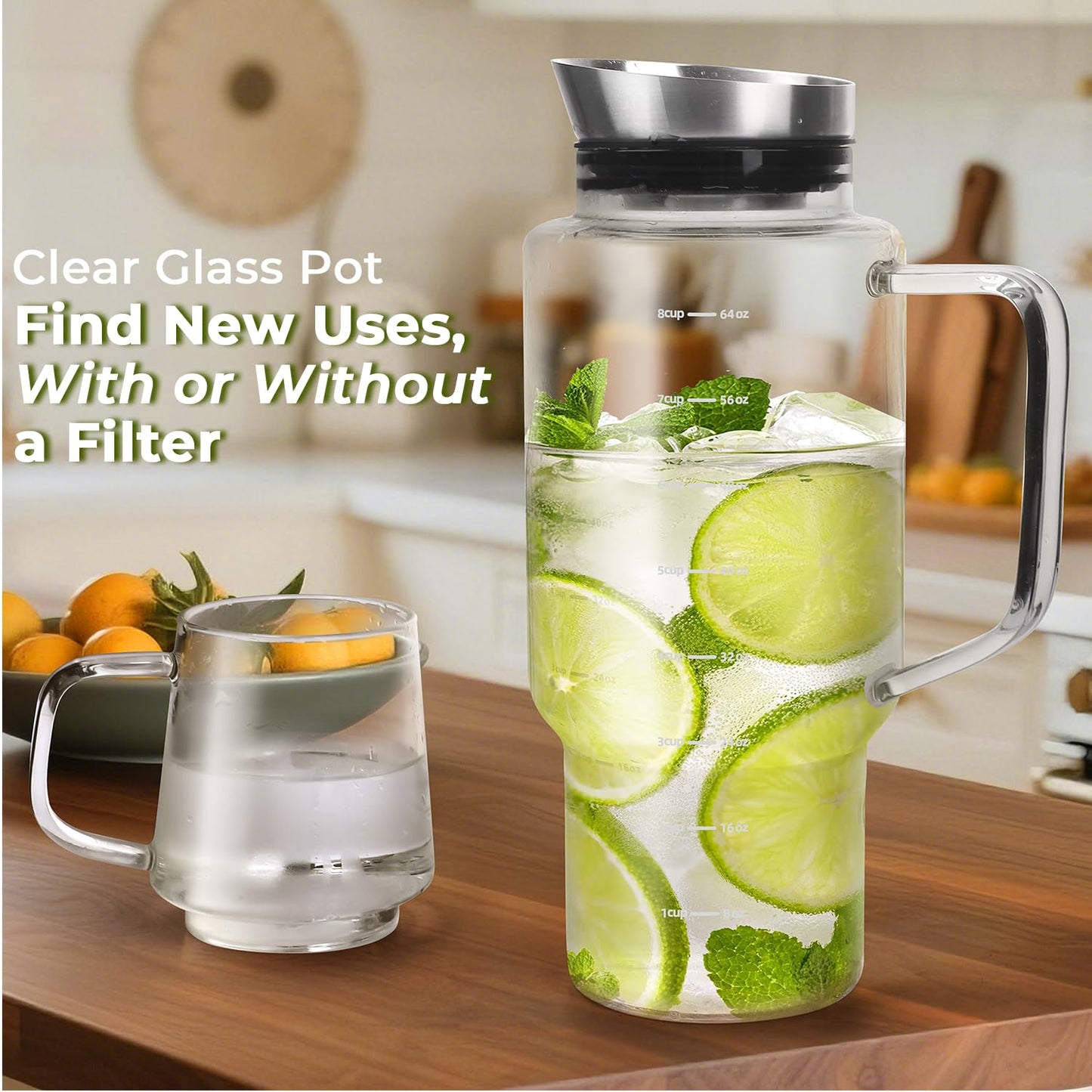 Aquach 68oz Cold Brew Coffee Maker, Borosilicate Glass Pitcher for Iced Tea
