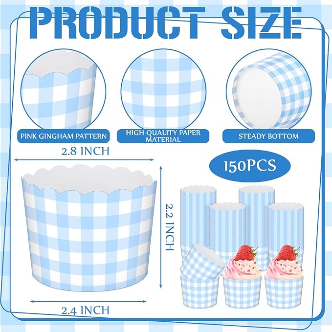 Vesici 150 Pcs Blue Gingham Ice Cream Cups 5oz Dessert Paper Bowls Gingham Scalloped Cupcake Cups